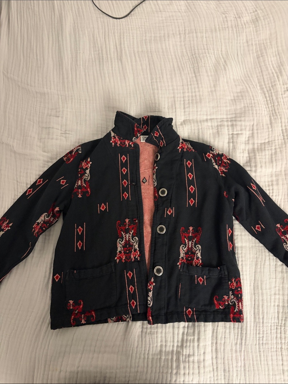 Chico's Black Utility Jacket with Red Pattern